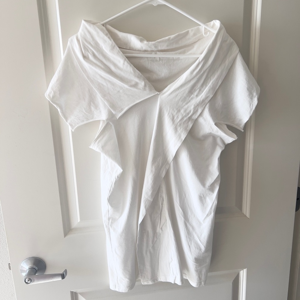Yohji Style V-neck Off-Shoulder Short Sleeves Vented Jersey Twist Blouse